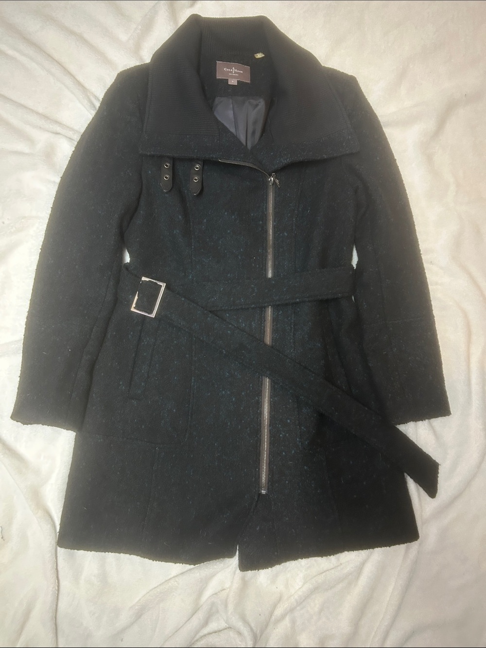 Cole Haan Black Coat Wool-Blend Belted Trench With Blue Flecks - Size 8